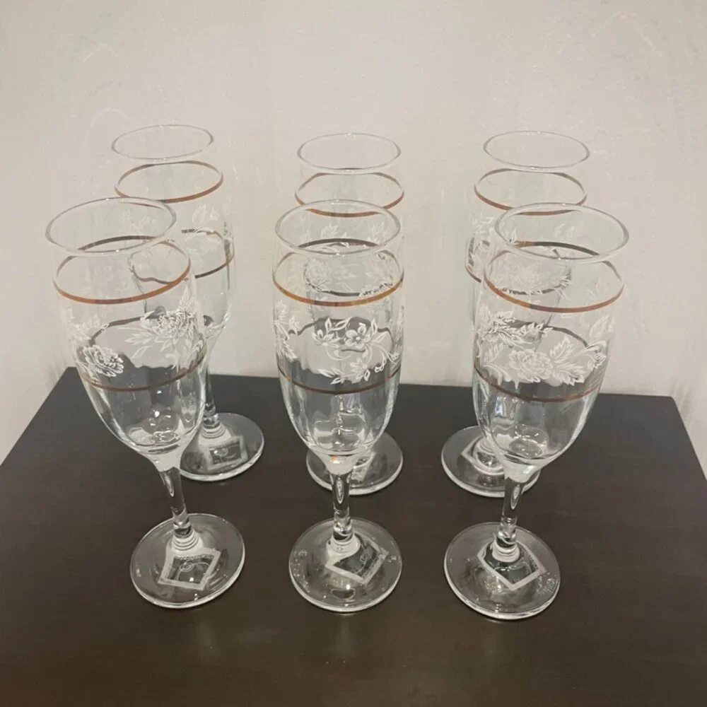 CICLE WARE SET OF 6‎ CHAMPAGNE FLUTES DUTCHES GOLD RIM FLORAL MADE IN TURKEY